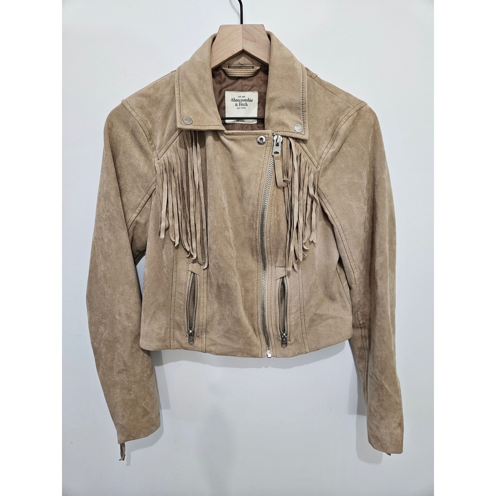 Abercrombie & Fitch Tan Faux Suede Fringe Moto Jacket 1U2458 Womens Large